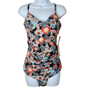 Fit 4 U Womens Makenna Underwire Shirred Tank Swimsuit 14 NWT Multicolor Floral